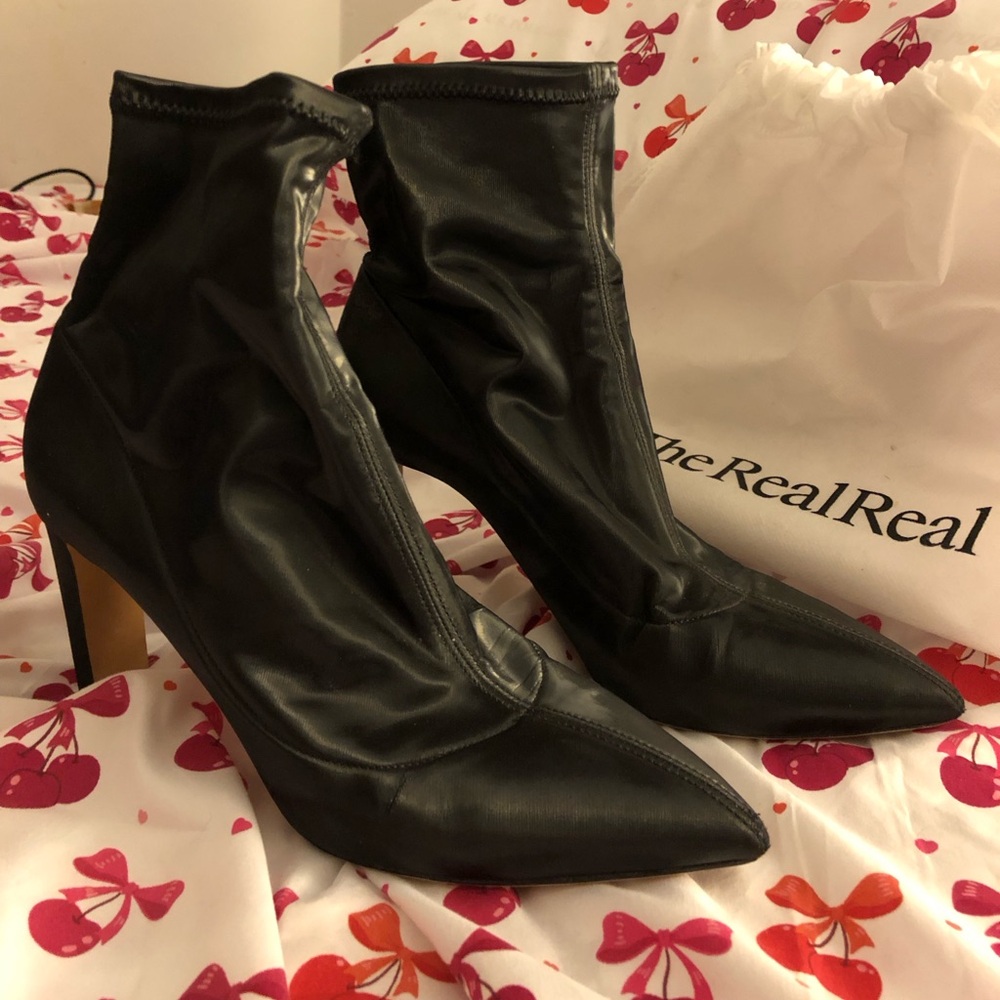 Authentic Jimmy Choo black satin pointed toe sock boots